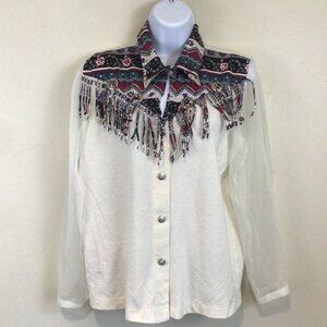 Ozark Mountain Jean Company Vintage Western  Shirt Sheer Sleeves and Fringe